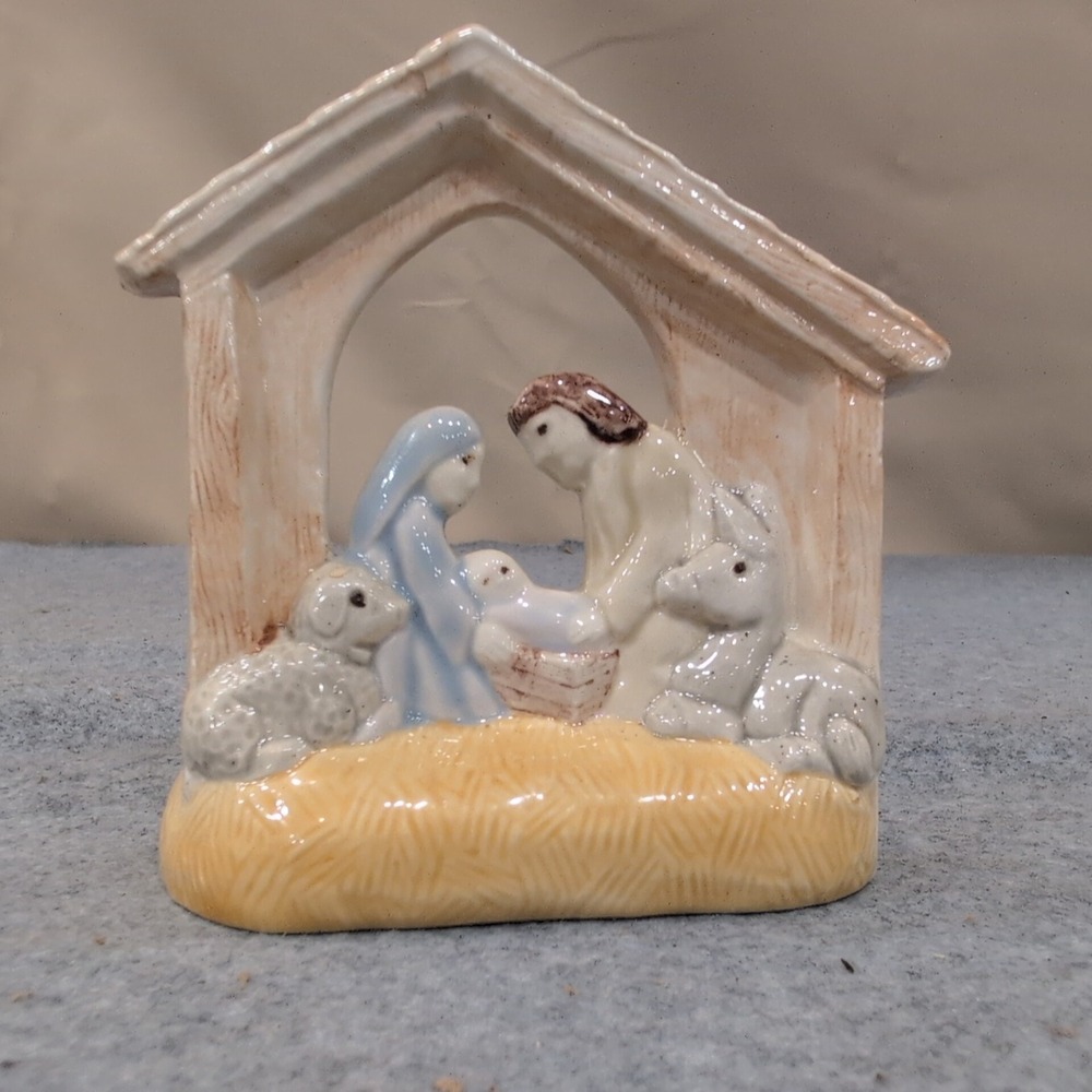 Ceramic Nativity Scene Figurine Holy Family Stable Candle Holder Glazed Blue Tan